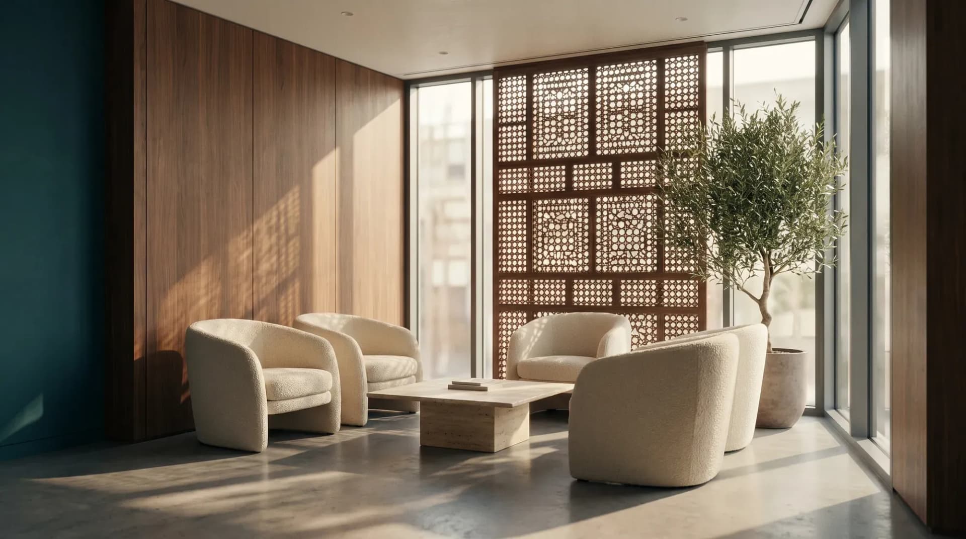 Salon d'attente chaleureux avec claustra marocain et fauteuils crème